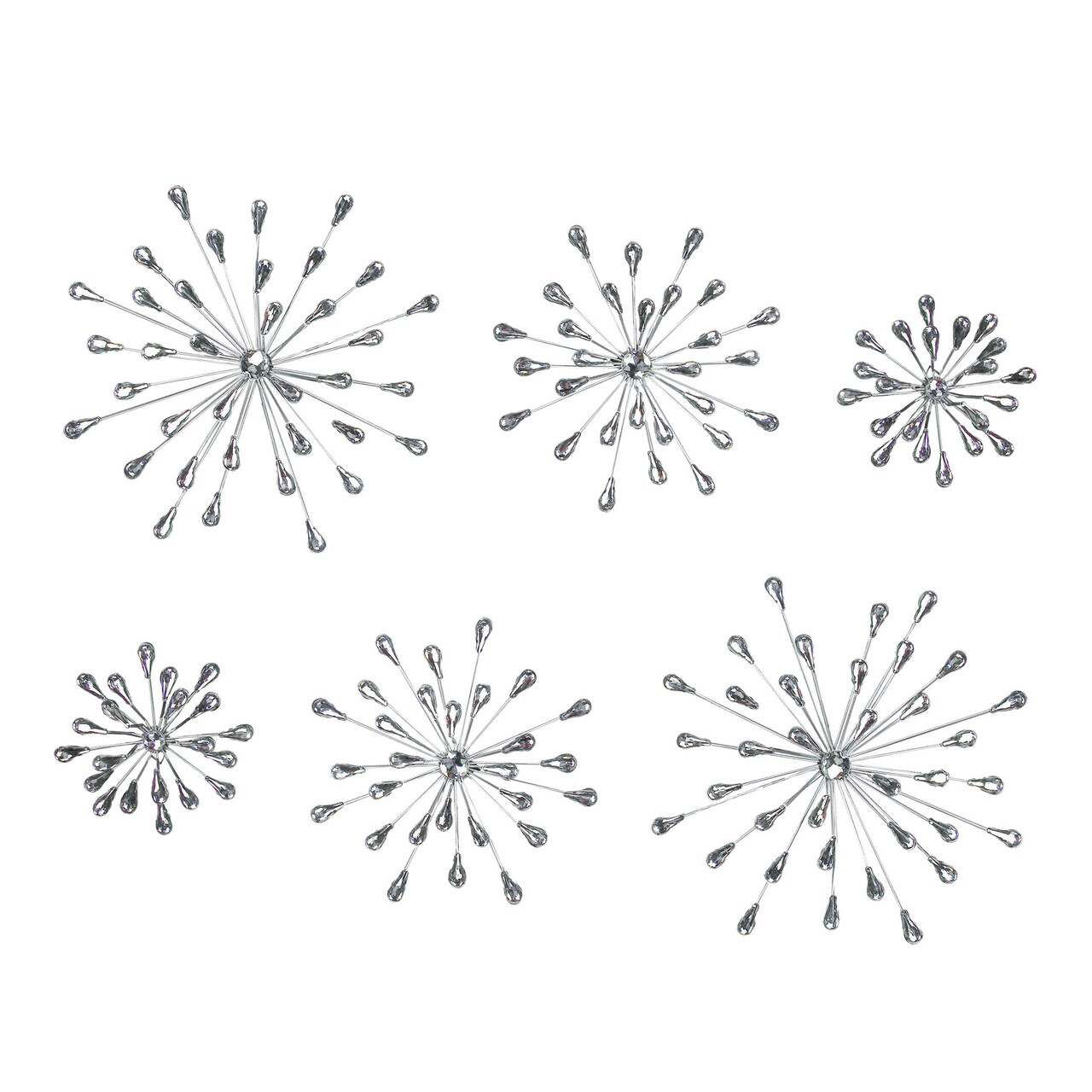 Set of 6 Metal Silver Starburst Wall Sculptures - 12", 9", 6" Diameter
